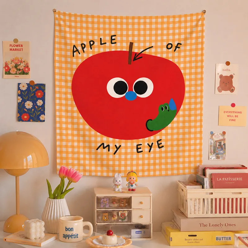 Cartoon Fruit Quote Tapestry, Yellow Check Apple Wall Decor, Sweet Photo Background Cloth for Dorm Bedroom