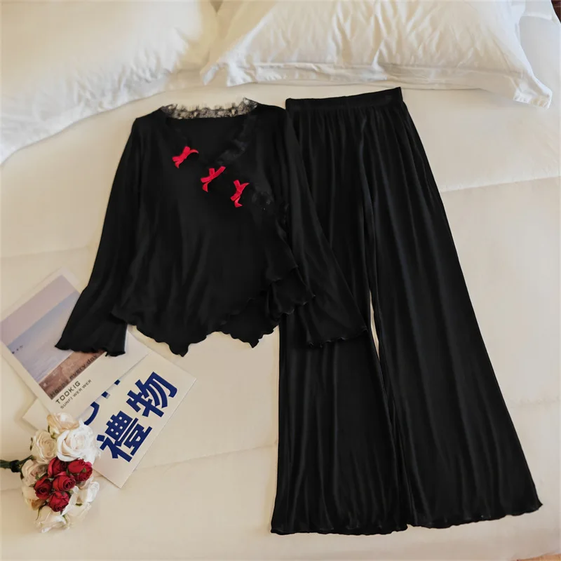 French Princess Pajamas Sexy Chest Pad Two Piece Set For Women Autumn Winter Sleepwear For Sleeping Clothes Modal Home Wear 6