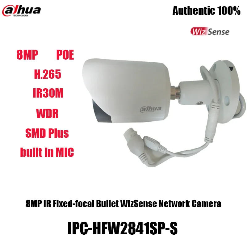 

Dahua IPC-HFW2841S-S 8MP POE H.265 IR30M Встроенный микрофон WDR SMD Plus слот для SD-карты IP67 фиксированная фокусная цилиндрическая сетевая камера WizSense