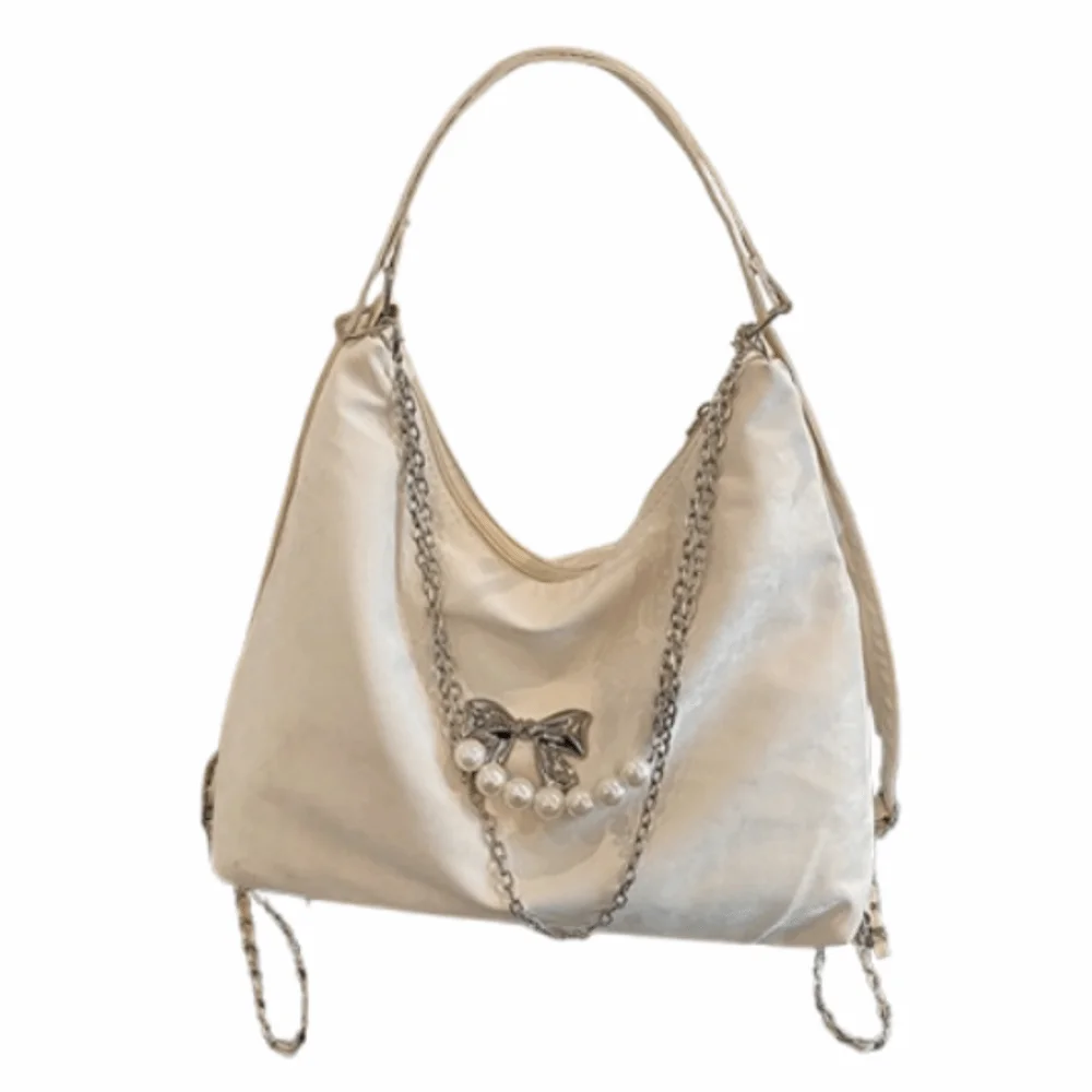 

Retro Women's Shoulder Bag Large Capacity PU Leather Convertible Backpack Portable Butterfly Pearl Chain Student Tote Bag