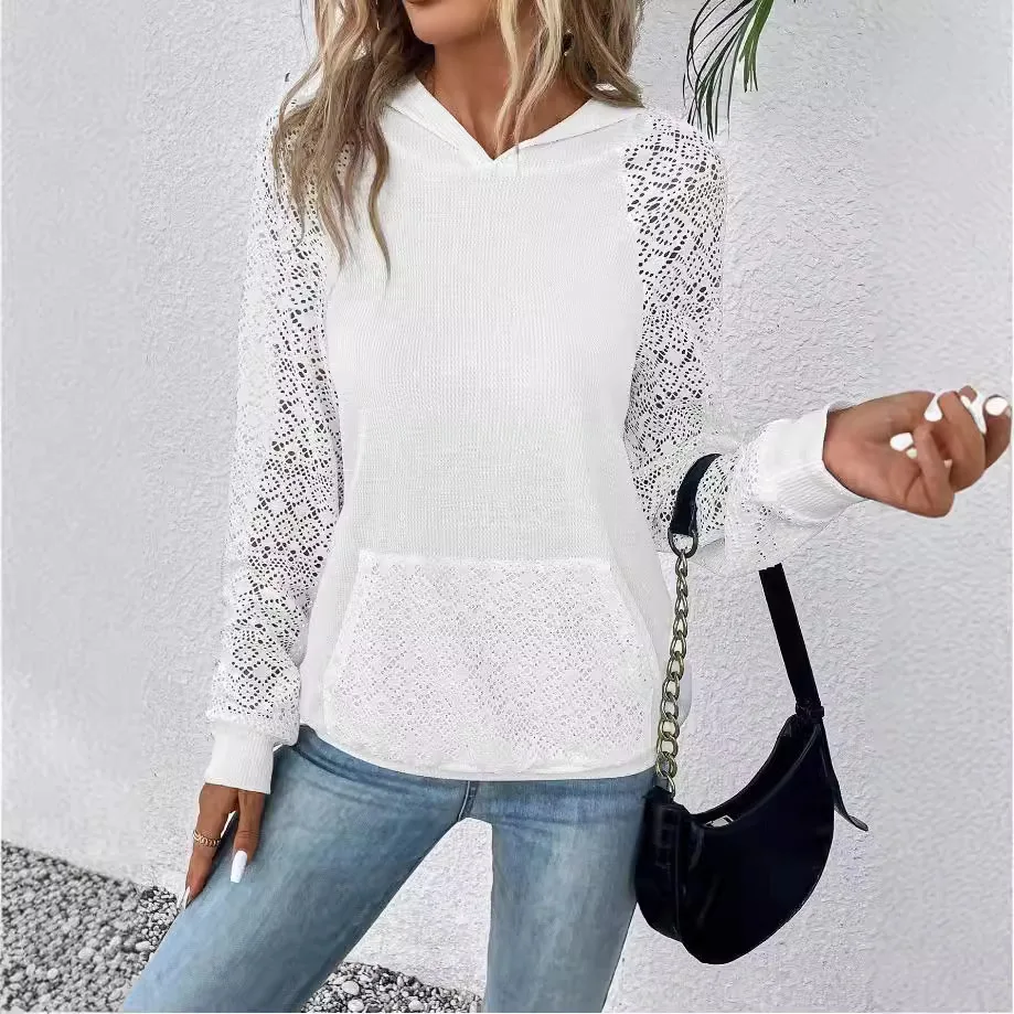 New Women Lace Waffle Patchwork Hoodie Casual Sweater