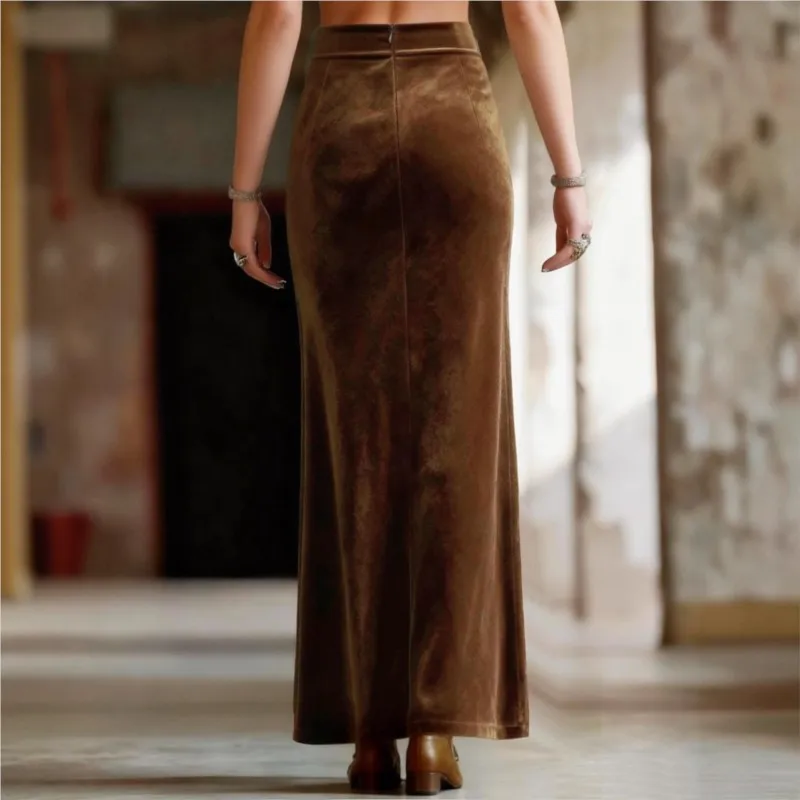 Vintage Western Suede Splicing Mesh Skirt Woman 2026 Sexy Edge Bead Split Long Skirt Spring Autumn High Waist Hollow Skirt