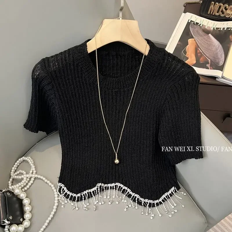 Neploe French 2024 Summer Knit Tees New Irregular Heavy Duty Diamond Tassel Fitted Tops Femme O-Neck Short Sleeve T-Shirts