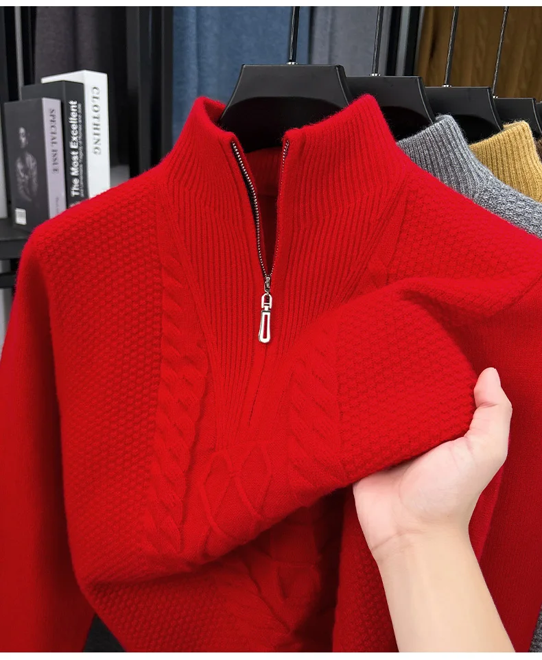 Men's Thick Warm Zipper Half High Collar Knitted Base Sweater Solid Color Sweater for Men's Dad
