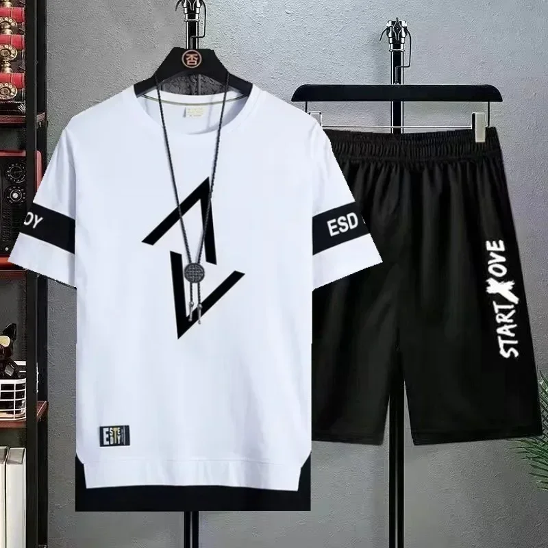 New best-selling men's fashionable sports casual short sleeved T-shirt+shorts two-piece set of fashionable retro street set of