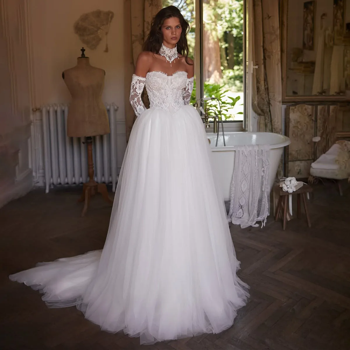 Robe de mariée personnalisée en dentelle à fleurs, coupe trapèze, pour filles, épaules dénudées, élégante, longueur ras du sol