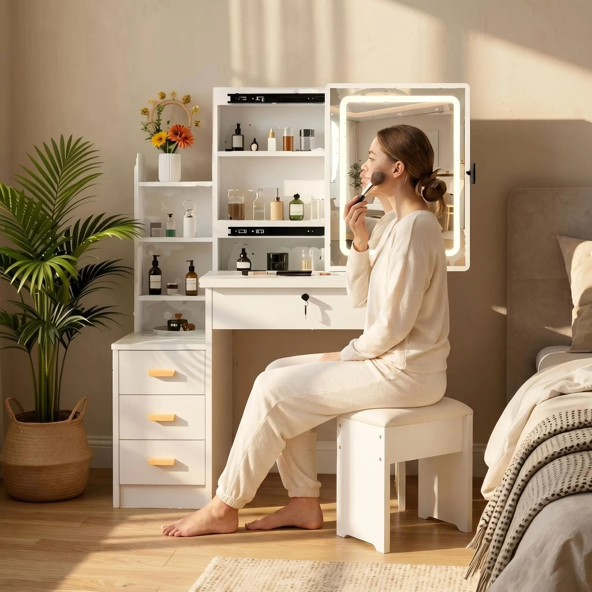 Vanity Desk with Sliding Mirror and Lights, Makeup Vanity Set with 4 Drawers, Stool, Open Shelves, 3 Color Adjustable Lighting M