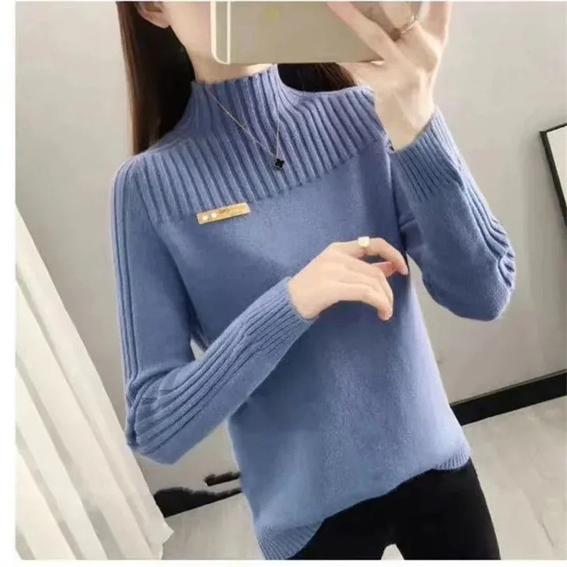 2023 Spring and Autumn Cashmere Sweater Women\'s Knitted Sweater Half High Neck Pullover Long Sleeves Jumper Soft Femme Tops