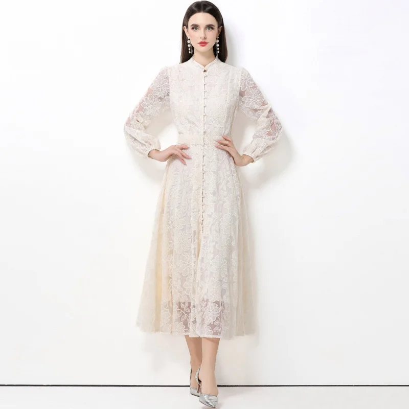 Ele High Waist Lace Dr with Lantern Sves And Stand Collar for Women Thiened Long Skirt for Daily Wear