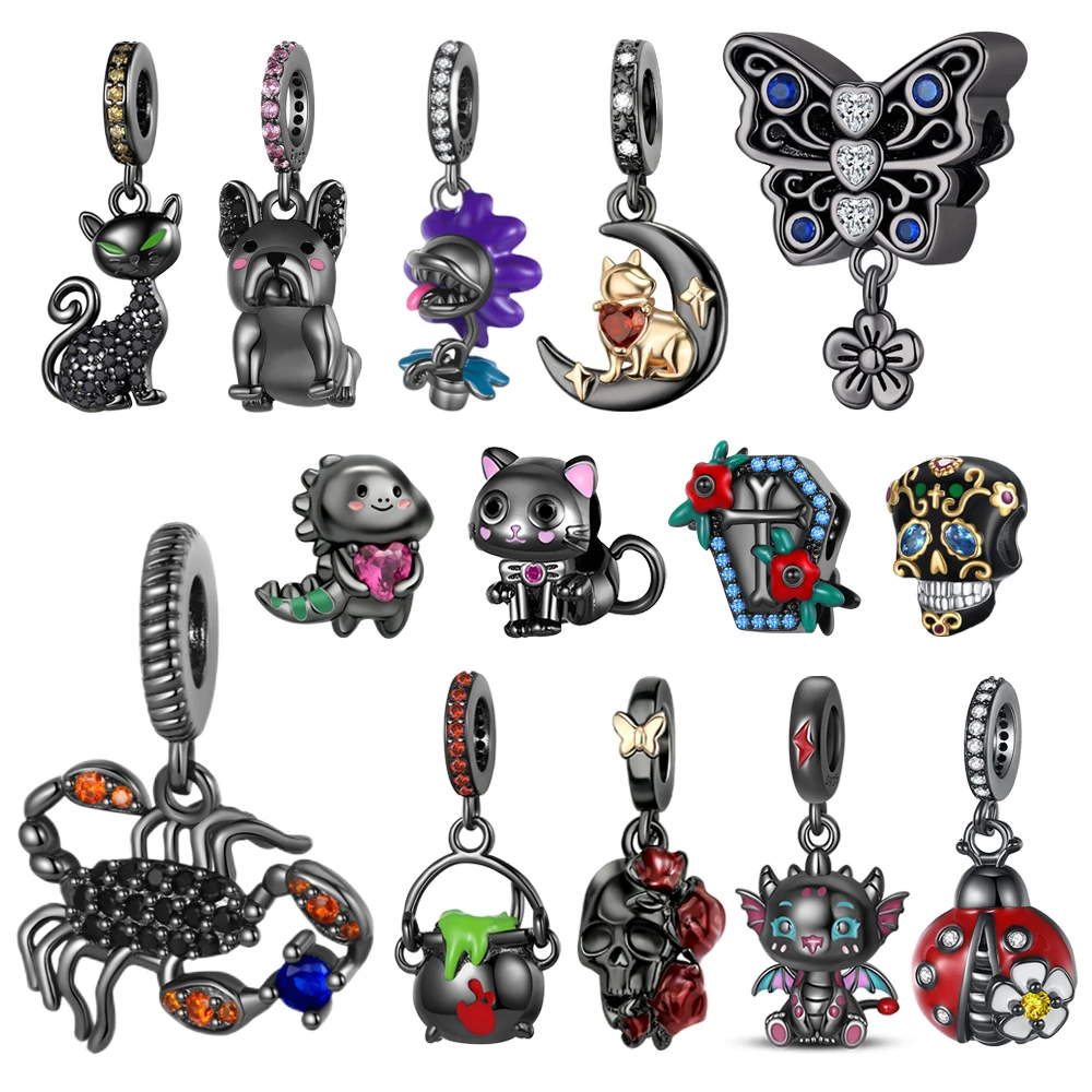 Niche 925 Sterling Silver Scorpion Butterfly Skull Carnivorous Flower Coffin Black Charm Fit DIY Bracelet Necklace Gothic Gifts