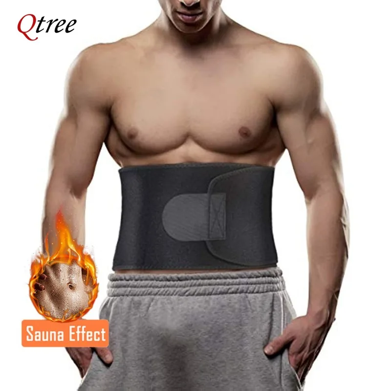 Qtree Men Belly Trimmer Waist Trainer Belt Adjustable Compression Wrap Sweat Strap Stomach Wraps for Workout Sports Gym Black