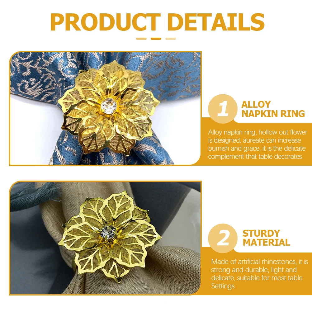 6Pcs Golden Napkin Holders Fine Craftsmanship Rhinestone Flower Design Anniversary Holidays Table Setting Gift