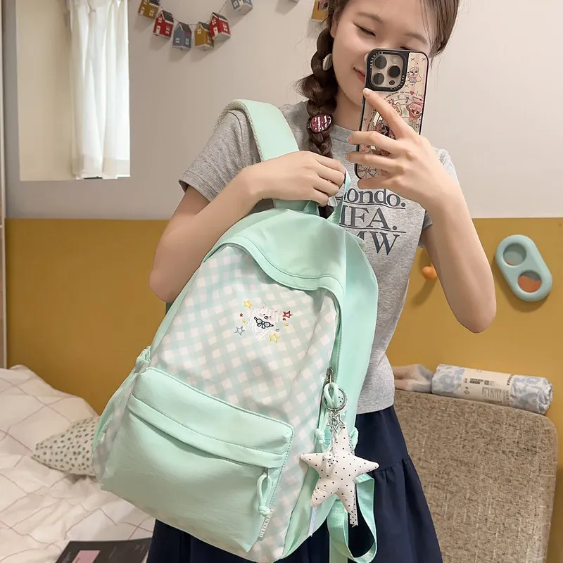 Korean-style stylish plaid backpack for women, high-appearance embroidered student schoolbag, large-capacity daily backpack2026N