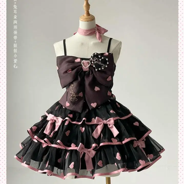 Originele Lolita Tank Top + Rok Sk Tweedelige Set Zomer Nieuwe Zachte Meisjes Leuke Strik Top Rok Outifits Dames Liefde Print Jurken