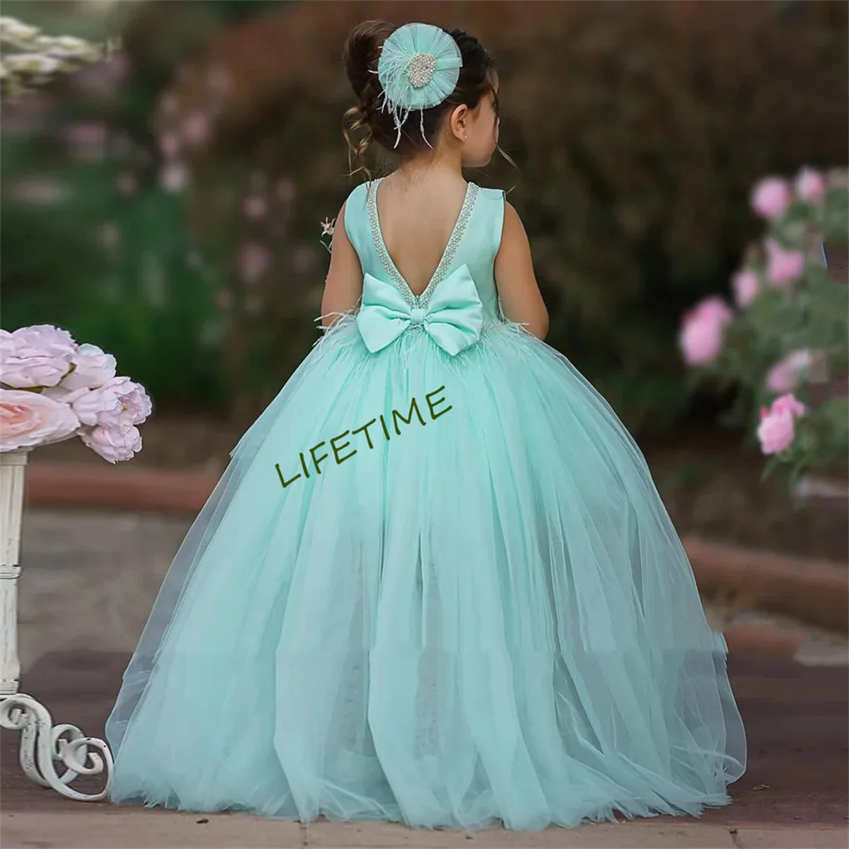 Mint Satin Tulle Flower Girl Dress with Beading And Feathers Sleeveless round Neck Backless Design for First Communion Party