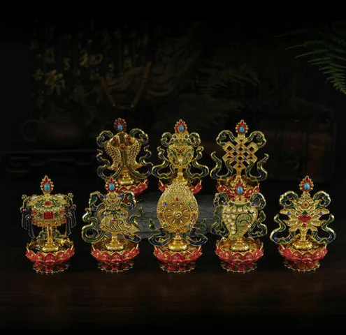 Tibetan Buddhist Mikky Eight Auspicious Symbols Copper Gilt Lotus Statue 8 PCS