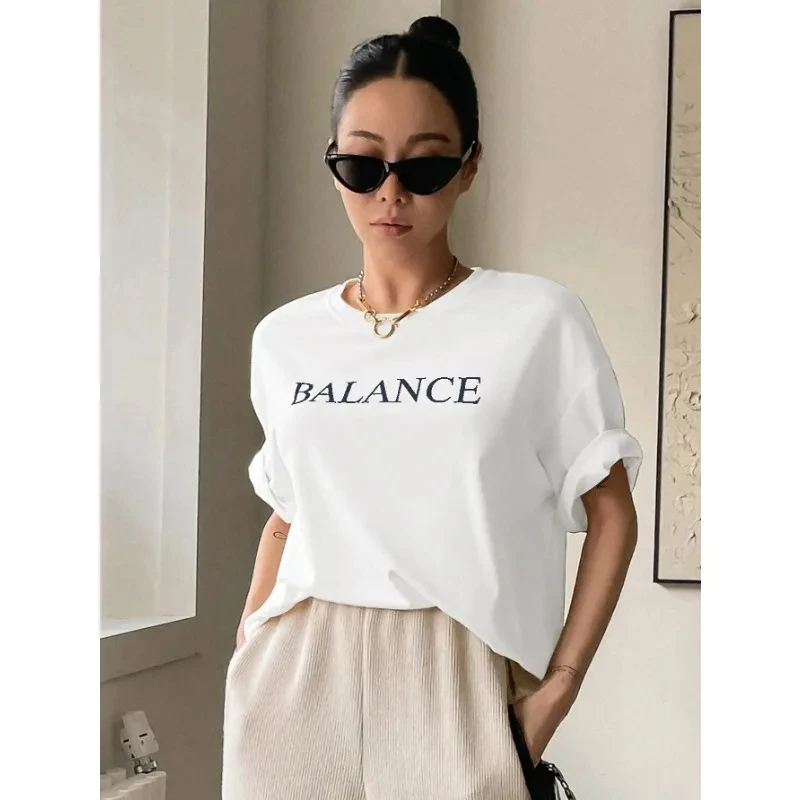 Balance Letter Printed Casual T-Shirts Women Summer Loose Oversize Short Sleeve Fashion Retro Street T-shirt Cotton Soft Tee