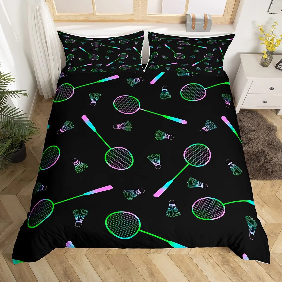 Sports Badminton Duvet Cover Fluorescent Green Pink Badminton Racket Bedding Set Sports Game Comforter Cover Fashion Quilt Cover