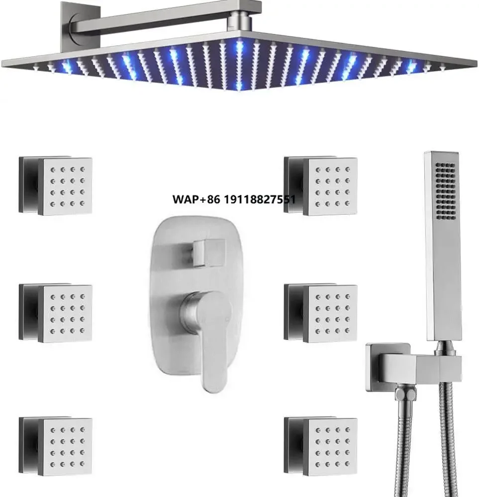 Shower System 12-Inch LED Square Rainfall Brushed Nickel Wall Mounted Bathroom Set Made of Stainless Steel