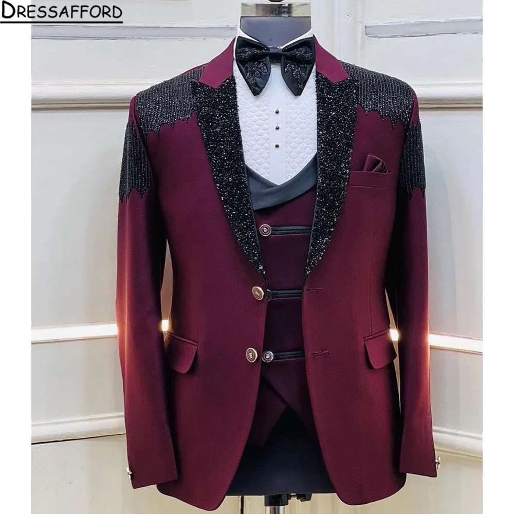 Burgundy Crystal Sequined Blazers Men Suits Fashion Banquet 2 Piece Business Jacket Pants Trousers