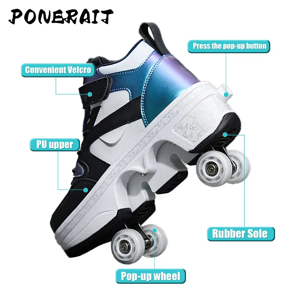 Boys High Top 4 Wheel Roller Shoes Fashion Unisex Automatic Pop-up Sneakers With Wheels Men Dual-purpose Skating Casual Shoes