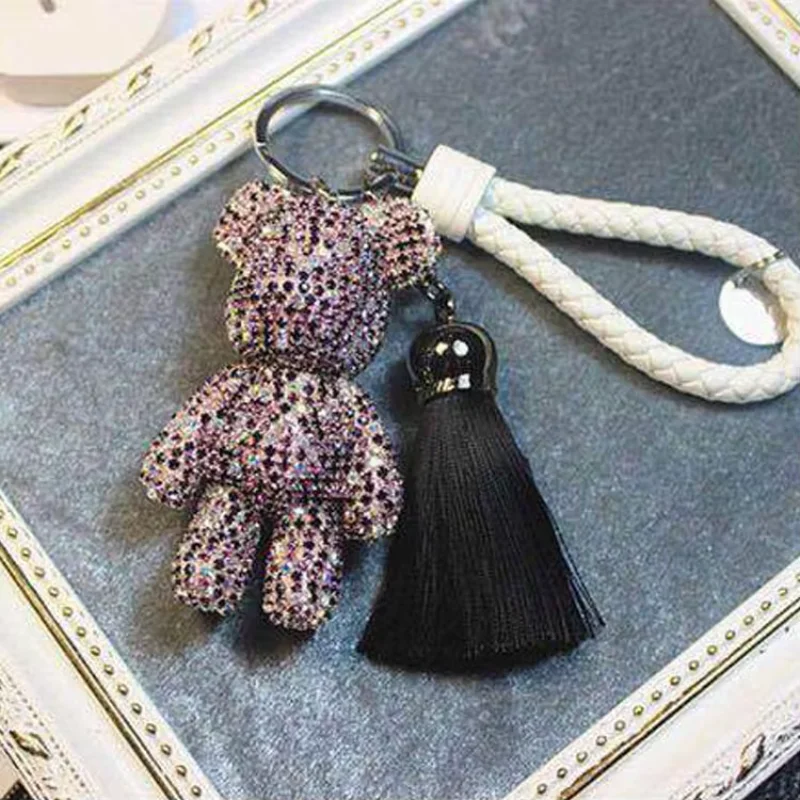 2024 Handmade Diy Rhinestone Gloomy Bear Keychain Car Tassel Key Chain Ring Holder Pendant for Bag Charm Chaveiro Llaveros Mujer