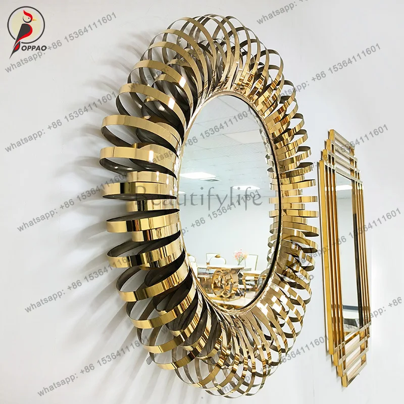 Retro Round Mirror Light Luxury Stainless Steel Titanium Gold Entrance Mirror