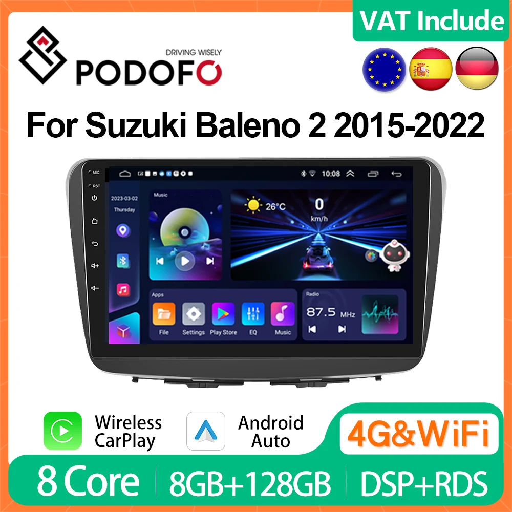 Podofo Carplay Android Auto Car Radio For Suzuki Baleno 2 2015-2022 Intelligent Systems 2din 9” Multimedia Player 4G GPS Stereo