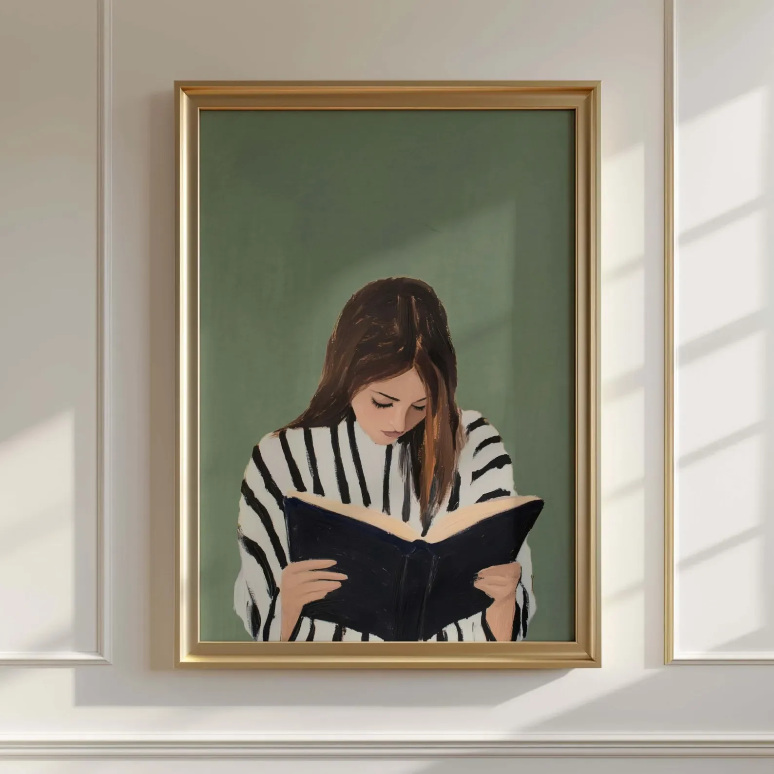 Green Woman Reading Wall Art, Reading Nook Decor, Stripe Female Print, Book Lover Gift, Colorful Art, Abstract People, Eclectic