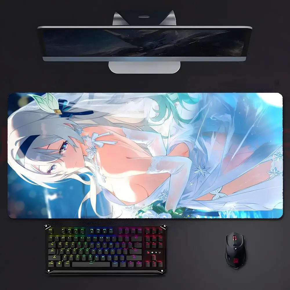 Gaming Mouse Pad, Large Mat, Anti-slip, Stitched Edges, Silver Hair Bride Girl Blue Print, Keyboard Pad for Gaming & Home