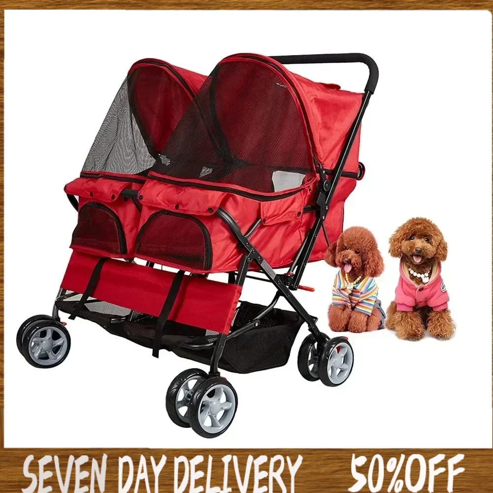 

Double Pet Stroller Foldable Stroller for 2 Dogs Cats Two-Seater Carrier Strolling Cart for Dog Cat and More Multiple Colors