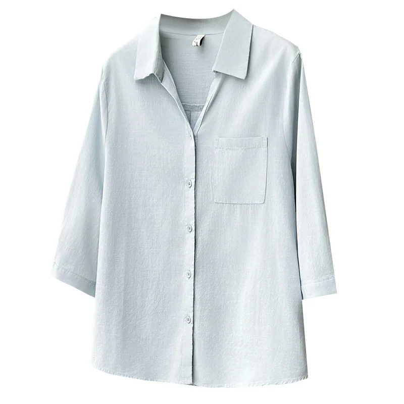 

2026 Summer Plus Size Washed Cotton Open Blouse Half Placket 3/4 Sleeve Simple Daily Shirt Curvy Ladies 2613
