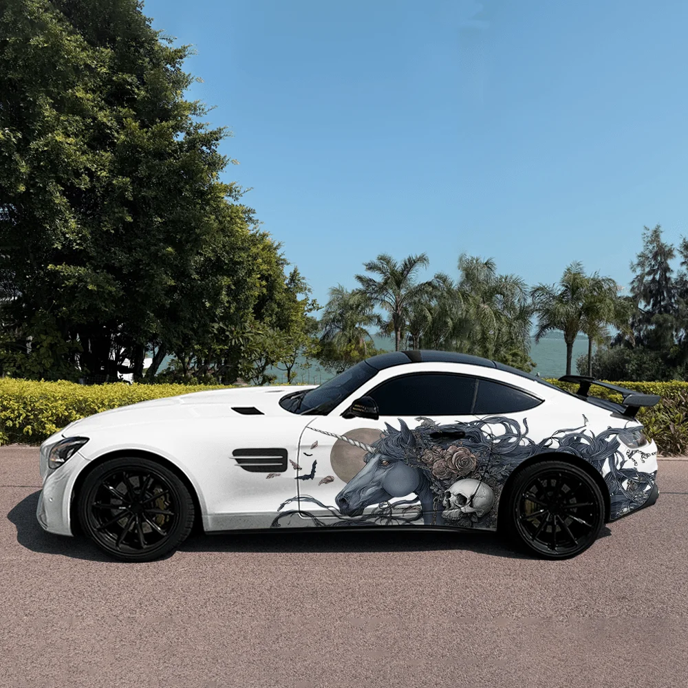 

Dark Unicorn Skull Rose Car Vinyl Wraps Decal Self-adhesive PVC Sticker Suitable for Trucks SUV Decoration Auto Accessories Gift