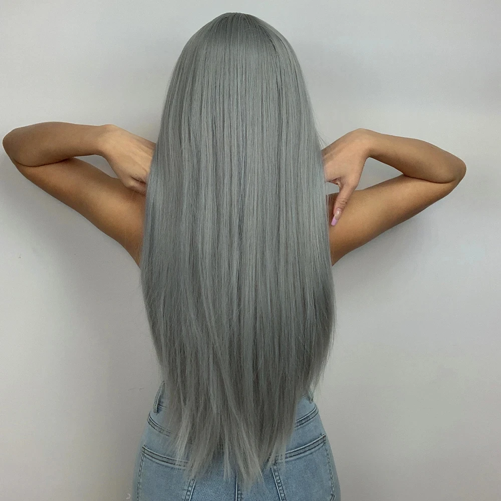 Gray air fringe long straight synthetic wig, Halloween cosplay character costume wig, daily wig, hot air silk wig cap