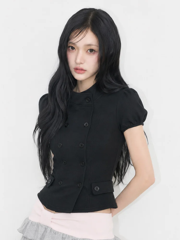 Women Korean Minimalist Y2K Streetwear Stand Collar Double‑Breasted Button Detail Short Sleeve Fitted Cropped T‑Shirt