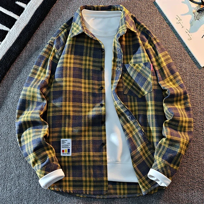 Men Button Down Plaid Shirt Lapel Collar Chest Pocket Streetwear Design Everyday Loose Layered Casual Outer Garment