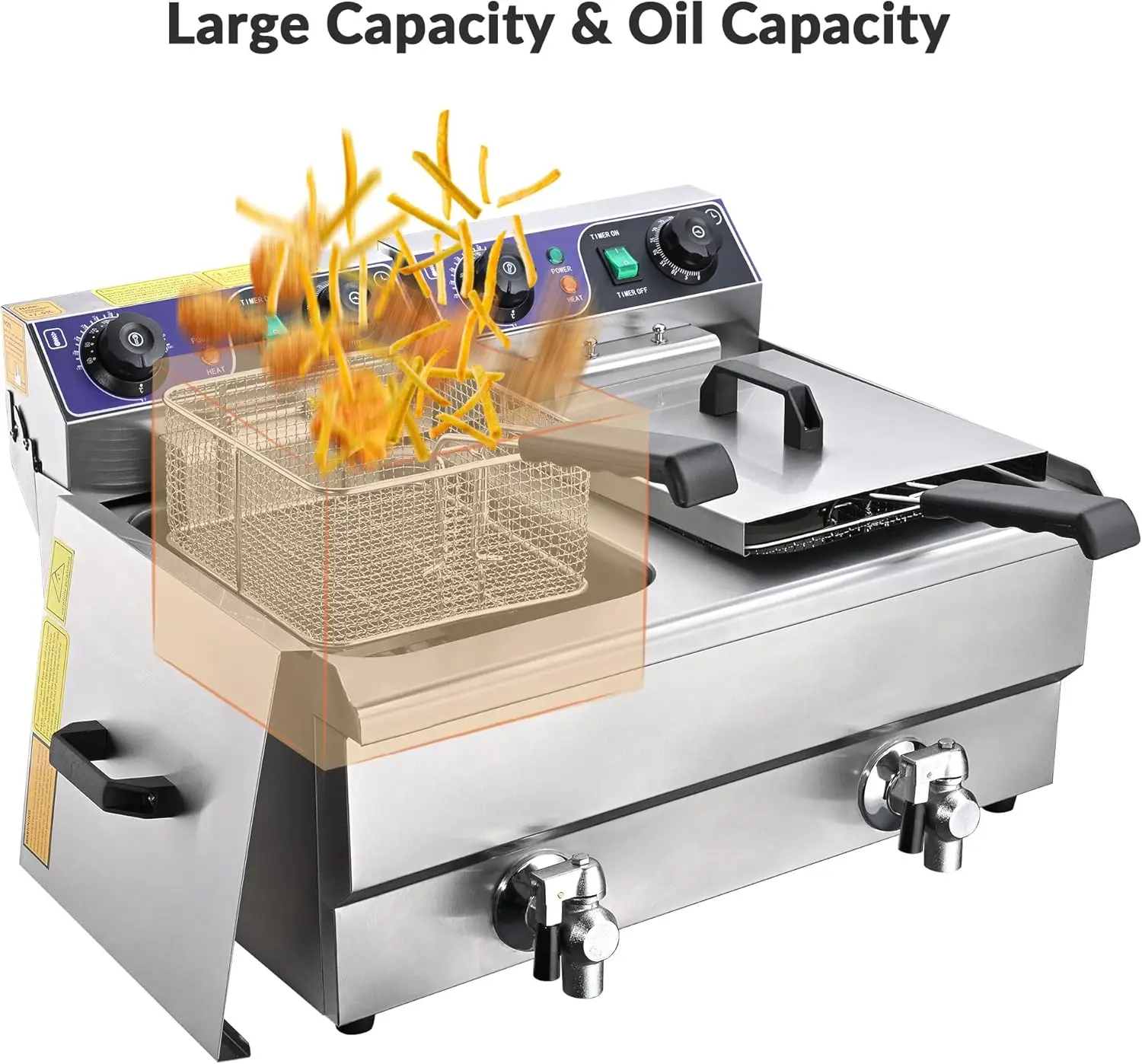 상업용 전기 딥 프라이어, 시간 제어 및 오일 여과 포함, 이중 탈착식 바구니, 스테인리스 스틸 카운터, 23.4L, 3000W