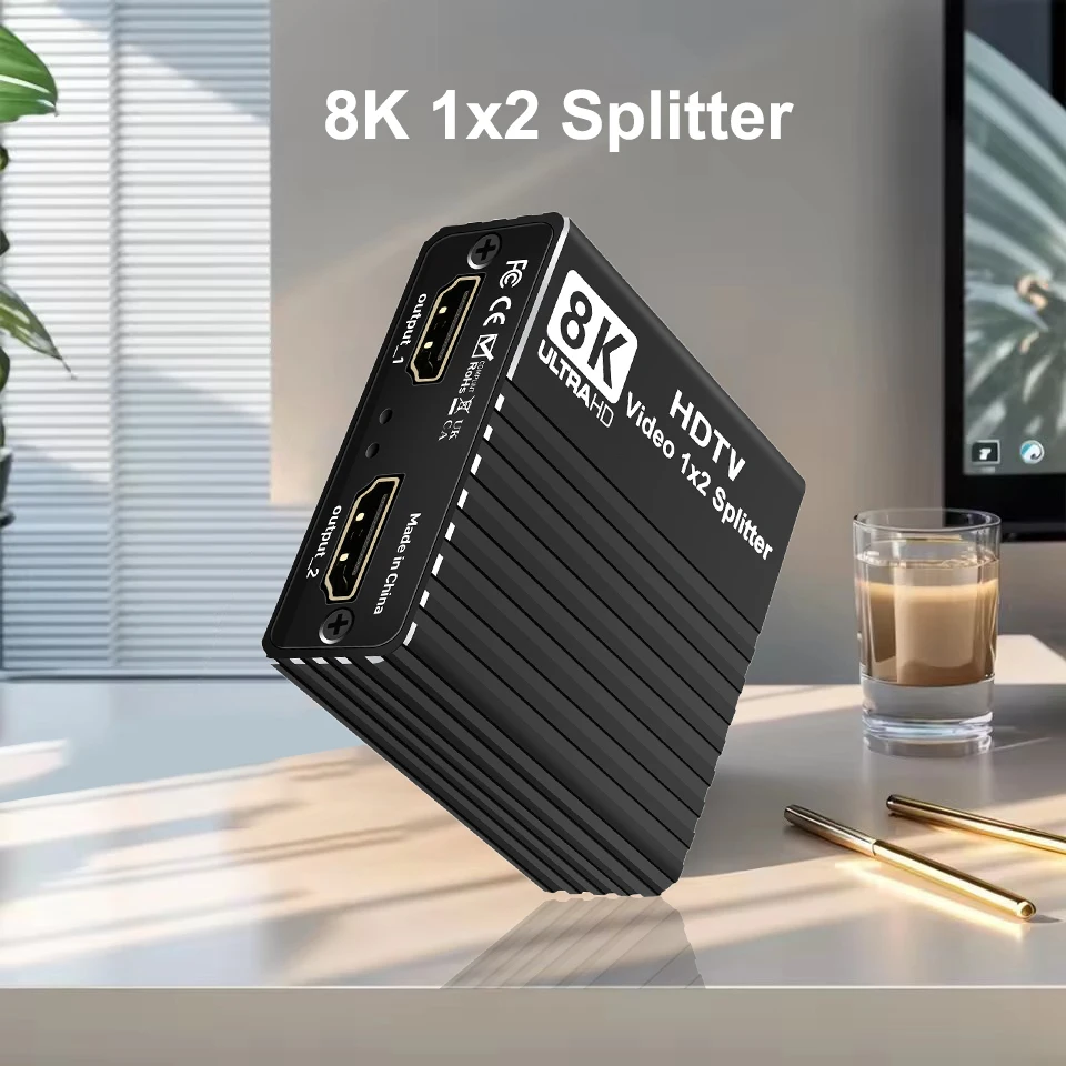 

Разветвитель 8K 1–2 1–2 выхода, двойной дисплей 1X2 HDMI-разветвитель 8K60hz 4K120hz 1080P240hz видеораспределитель для PS5 ПК, ноутбука к телевизору