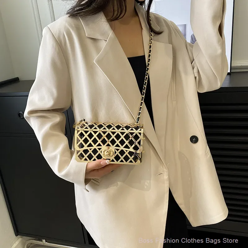 

2023 Fashion Hollow Chain Crossbody Shoulder Bag Trend Female Metal Luxury Designer Handbags Mini Square Bags For Women Bolsas