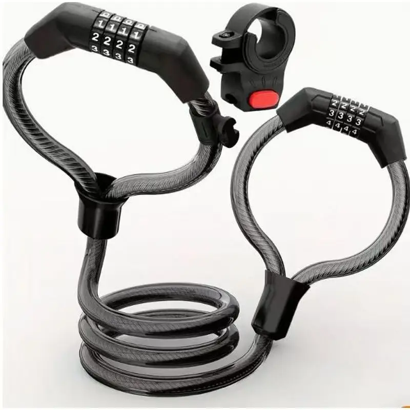 Bicycle Combination Lock Black 4 Digit Anti Theft Coiled Steel Cable Lock With Mounting Bracket For Mountain Road Bike Scooter