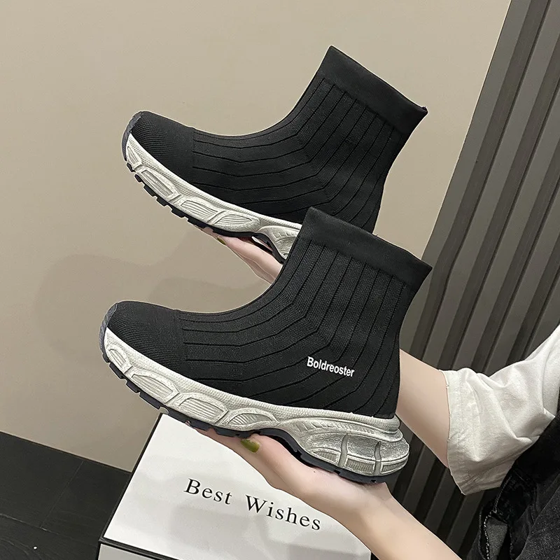 Elastic Socks Shoes Women's Spring and Autumn New Slip-on Sports Casual Ankle Boots Fly Woven Breathable Outdoor Female Shoes
