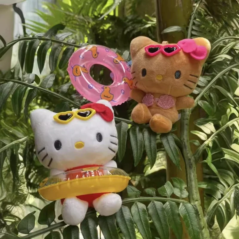 Sanrio 13cm Plushies Keychainblack Hawaiian Hello Kitty Plush Key Chain Swim Ring Plush Pendant Backpack Kids Birthday Gift