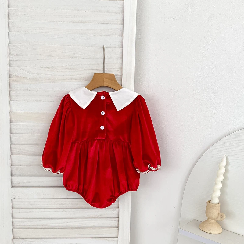 Baby Mädchen Roter Samt-Body mit Schleife Langarm Neugeborenen Party Geburtstags-Outfit Herbst Weihnachten Süßer Baby-Strampler 0-24M – Detail 3
