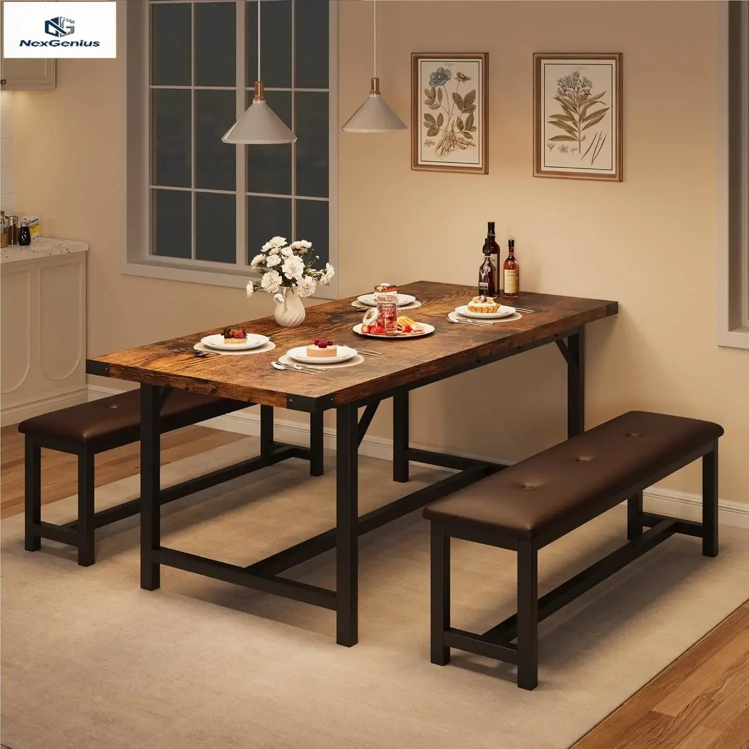 Expandable Dining Table Set For Four To Six Three Piece Kitchen Table Set With Two Cushioned Benches Folding Rectangle Dining Se