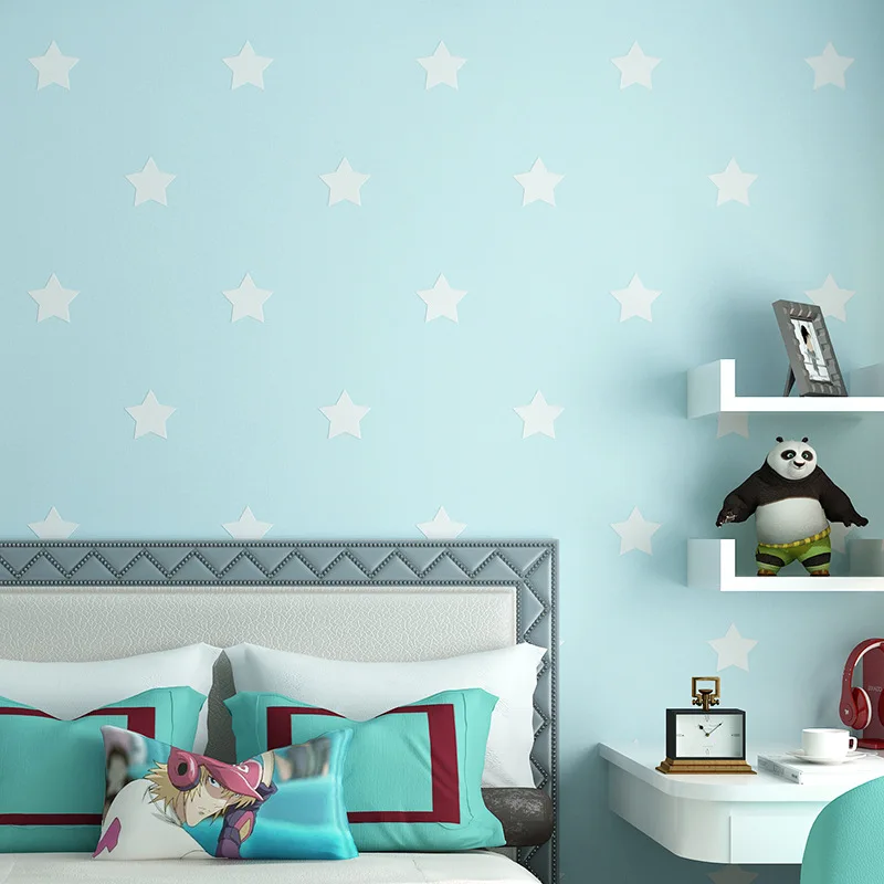 

White Starry Wallpaper Girl's Room Pentagram Blue Background Wallpapers Children's Bedroom Nursery Study Room Decor Обои