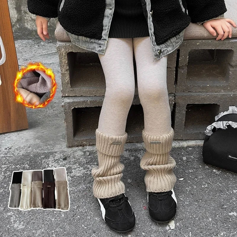 2025 Autumn Winter Girls Leggings Fleece Lined Leg With Warmer Spliced Tights Vertical Stripe Color Block Thickened Pants