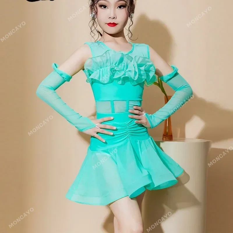 Latin Dance Costumes for Spring and Summer Girls Children's Training Costumes Performance Costumes New 2024 Lace Large Skirt
