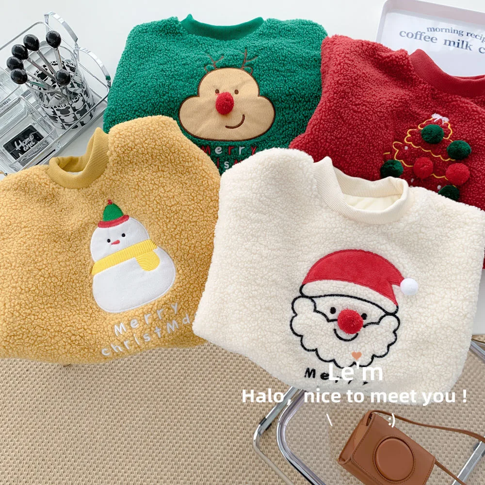 Christmas Lamb Woolen Hoodie 2024 Winter New Plush Warm Children Tops Boys Girls Fashion O-neck Pullover Sweaters Ropa De Niña