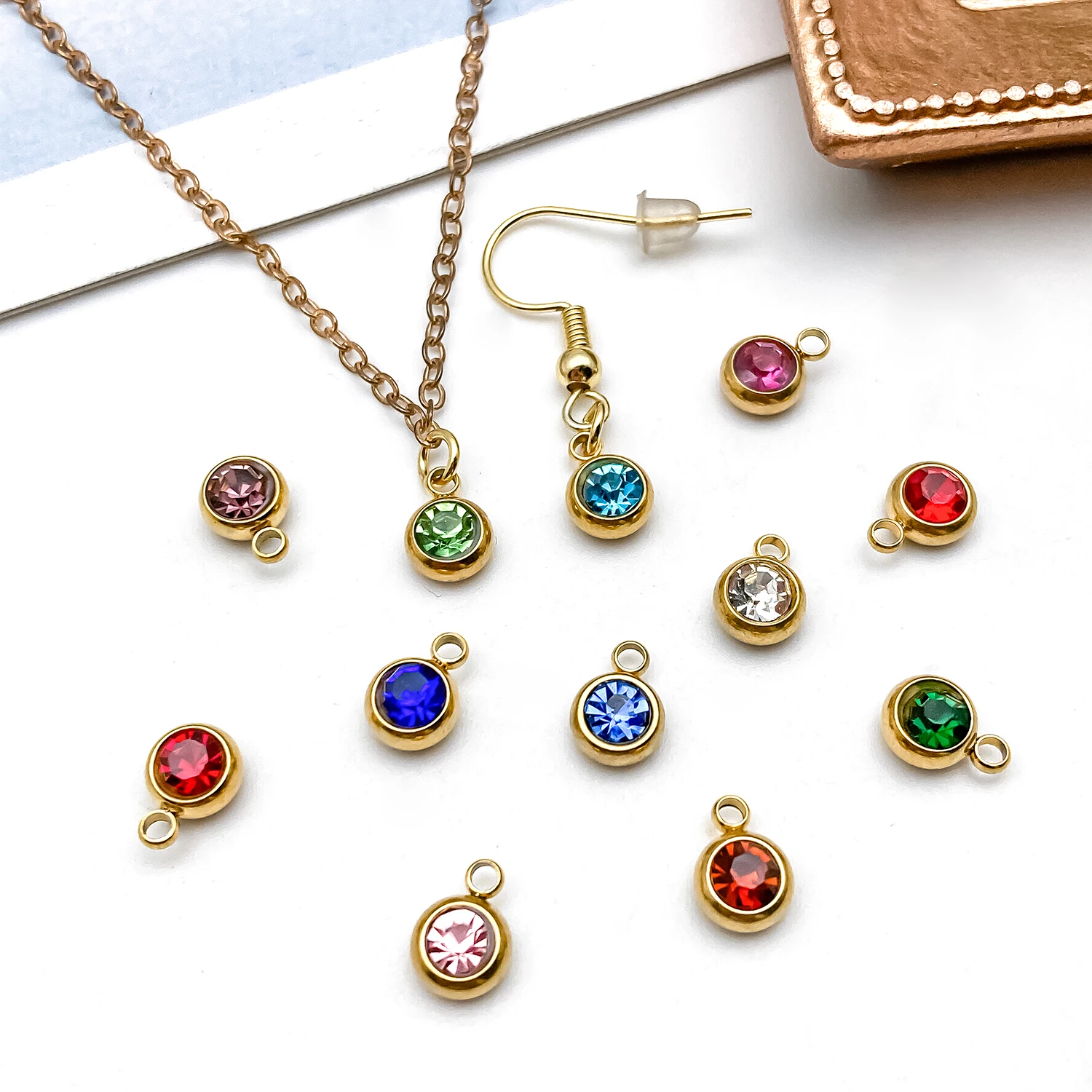 12/20pcs Horizontal Cross Hole 1.5mm Gold Twelve Star Stone Birthstone Series Charms Pendant DIY Key Chain Earrings Jewelry