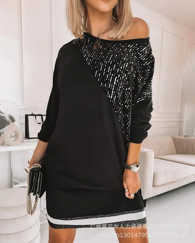 2022 Spring Summer Long Sleeve Thread Sweatshirt Sequines Women New Black Paillette Stitching Fashion Casual Loose Pullover